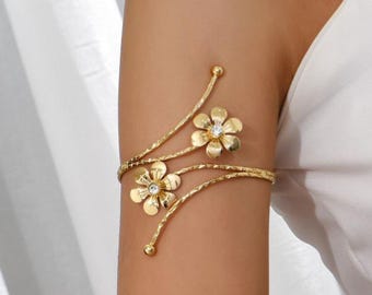 Gold Flower Rhinestone Arm Cuff Bracelet, Sexy Upper Arm Jewelry