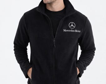Mercedes Inspired Men’s Fleece Jacket, Embroidered Full Zip Polar Jacket, 2 Side Pockets