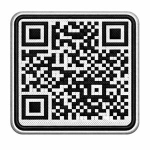 May include: Square black and white QR code patch with a silver border. The QR code is composed of a pattern of black squares on a white background. The patch has a stitched border.