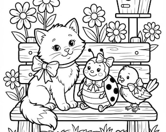 Fluffy Cat Coloring Page, Spring Garden Friends, Ladybug, Bird (Digital Download)
