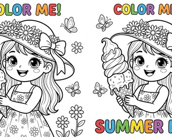 Kawaii Summer Coloring Book for Kids: Girl with Ice Cream, Butterflies