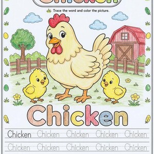 Pode incluir: Uma folha de colorir intitulada Chicken com o nome Sarah Johnson e a data Oct 26, 2023. Apresenta uma galinha amarela grande com dois pintinhos, um celeiro vermelho e um campo verde. A palavra Chicken está escrita com linhas para traçar.
