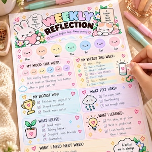 May include: A weekly reflection planner sheet featuring pastel illustrations of a bunny, a cat, a trophy, a plant, a lightbulb, and a notebook. The page includes sections for mood, energy, wins, challenges, lessons, and goals with handwritten text.