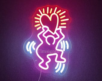 Keith Haring Style Neon Sign: Running Figure with Heart, Creative Art Decor