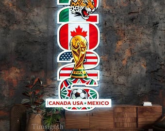World Cup 2026 Neon Sign, USA Canada Mexico Soccer Trophy Design, Football Fan Gift