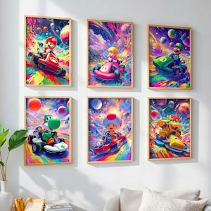 May include: Six framed art prints with colourful illustrations of characters in go-karts. Each print shows a different character against a cosmic, psychedelic background with planets and stars. The frames are a natural wood colour.