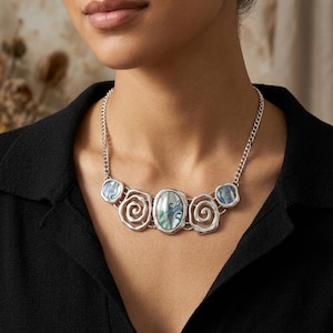 Vintage Abalone Shell Spiral Necklace, Mexican Alpaca Style Silver Tone Choker