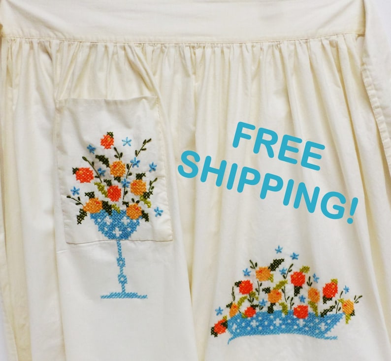 Apron Hand Embroidered Cross Stitch Vintage Free Shipping!
