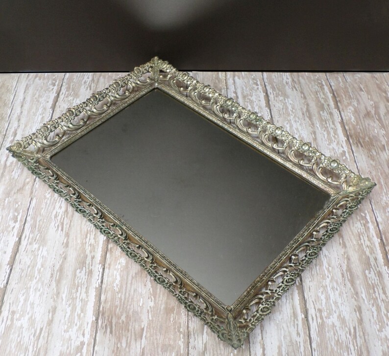 Vanity Tray Mirrored Brass Filigree Roses Hollywood Regency Etsy