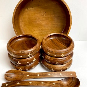 Salad Set 9 piece Wood with Inlay Star Diamond Vintage Free Shipping!