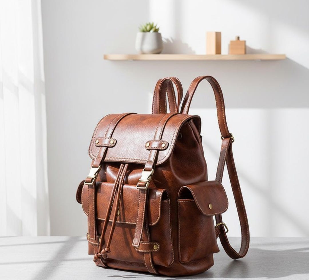 Vintage Style Backpack – Unisex PU Leather Daypack, Classic Everyday ...