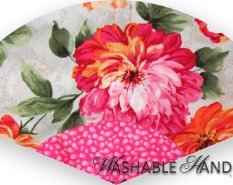 Washable Hand Fan Traditional Fuchsia & Orange Flowers