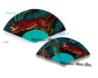 Washable Hand Fan Tigers(f) and Tiger(b) in Black & Teals - Traditional Style
