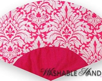 Washable Hand Fan Hot Pink with White Damask