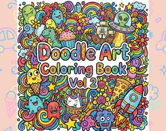 Puede incluir: Portada de un libro para colorear de arte doodle colorido, con el texto "Doodle Art Coloring Book Vol 2". La portada está llena de ilustraciones caprichosas de monstruos, arcoíris, un barco pirata, un cohete y otros elementos divertidos.