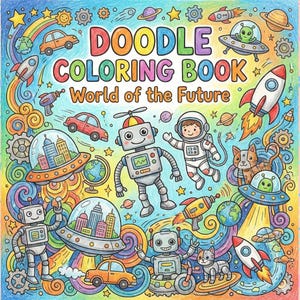 May include: A colorful doodle coloring book titled "World of the Future." The cover features illustrations of robots, astronauts, spaceships, planets, cars, and aliens. The design is whimsical and vibrant, with a rainbow and various stars.