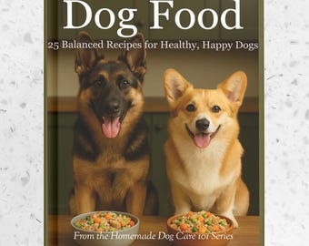 May include: A book cover titled "Homemade Dog Food" featuring a German Shepherd and a Corgi. The cover includes text about recipes for healthy dogs and bowls of food. The author's name and publisher are also visible.