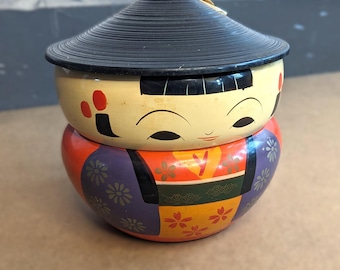 Vintage 60s Kokeshi Doll Bento Box Stacking Bowls Japan