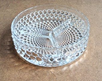 VTG Glass 7" Divided Serving Bowl "Thousand Eyes" Bubble Glass