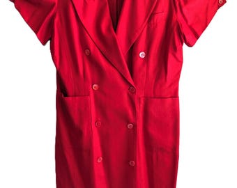 Vintage Y2K Red Silk Dress Double Breasted Front Pockets Silk Studio Size 12P