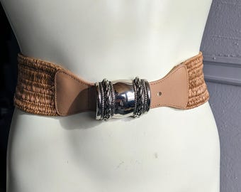 VTG Wide Woven Rattan Belt With Big Bold Metal Buckle Island Tropical Pirate?