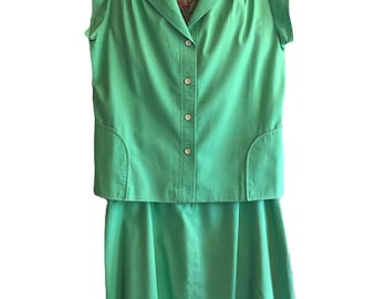 Vintage 70s Green Linen Skirt Suit Earthy Boho Style Size 10