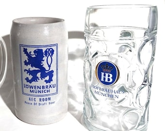 2 German Beer Brand Steins Glasses Hofbräuhaus Löwenbräu München Barware