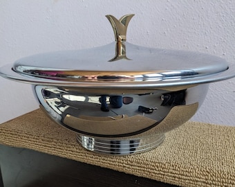 VTG Kromex Serving Dish MCM Mid Century Modern Chrome & Gold Accents Atomic Age