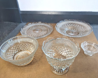 Big Set (5) of Anchor Hocking Wexford Glass Serving Pieces Platter Footed Bowls