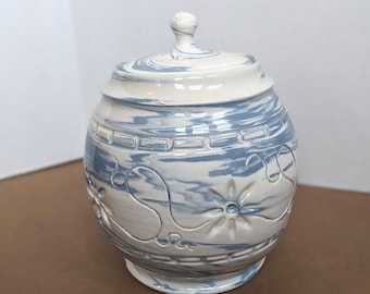 Ceramic "Studio Pottery" Lidded Jar Cookie Jar Blue & White Swirl Floral