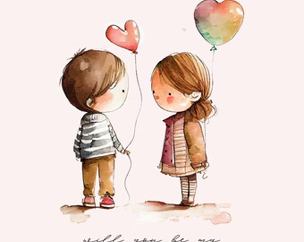 Set di biglietti di San Valentino ad acquerello - Design per bambini (download digitale)