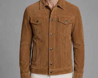 Chaqueta vaquera de ante marrón para hombre, estilo western, abrigo retro con botones.