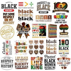 Op de afbeelding: Een verzameling grafische ontwerpen ter viering van Black History. De ontwerpen bevatten tekst zoals "Product of Black History", "Black History Month" en citaten van Martin Luther King Jr. Het kleurenpalet omvat zwart, wit, rood en goud.