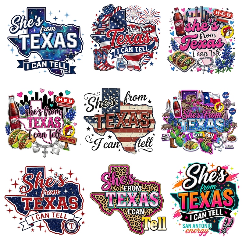 Pode incluir: Uma cole&ccedil;&atilde;o de nove designs gr&aacute;ficos com o texto She's from Texas I can tell. As ilustra&ccedil;&otilde;es incluem contornos do estado do Texas, padr&otilde;es da bandeira americana, estampas de leopardo, temas espaciais, tacos, garrafas de Dr Pepper e &iacute;cones.