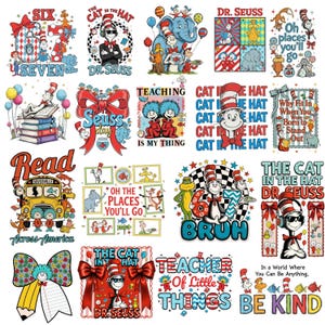以下が含まれることがあります： カラフルなドクター・スースをテーマにしたデザインのコレクション。画像には、帽子をかぶった猫など、本からのキャラクターや引用句、そして「ああ、あなたが行く場所」や「親切に」などのフレーズが使われています。