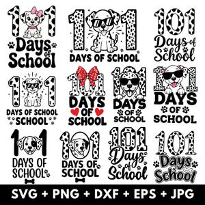 Könnte beinhalten: Eine Sammlung von schwarz-weißen Designs zum Thema Dalmatiner mit dem Text "101 Schultage". Die Designs zeigen Dalmatiner, Pfotenabdrücke, Herzen, Schleifen und Sonnenbrillen. Der untere Teil des Bildes enthält den Text "SVG + PNG + DXF + EPS + JPG."