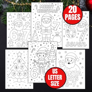 May include: A collection of black and white Christmas-themed coloring pages. The pages feature Santa Claus, elves, Christmas trees, and the numbers 6 and 7. The text includes "Merry Christmas", "20 Pages", "US Letter Size", and "Santa Days 6-7".