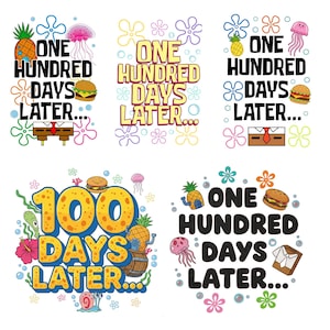 May include: A collection of colorful graphic designs with the text "ONE HUNDRED DAYS LATER..." and "100 DAYS LATER..." featuring cartoon elements like a pineapple, jellyfish, and a hamburger. The designs are on a white background.