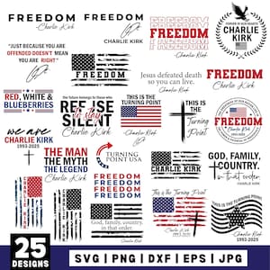 May include: A collection of 25 patriotic designs featuring the word "Freedom", American flags, and quotes. Includes text such as "This is the Turning Point" and "God, Family, Country". Available in SVG, PNG, DXF, EPS, and JPG formats.