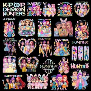 May include: A selection of vibrant digital illustrations showcasing anime-style characters, some with bunny ears and Easter eggs. Text includes "KPOP DEMON HUNTERS," "HUNTRIX," and "Happy Easter." The images are set against a black backdrop.