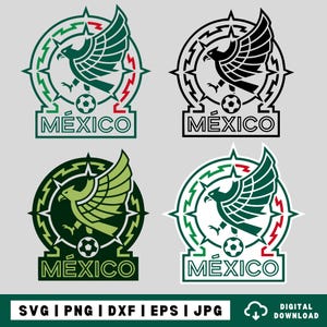 May include: Four variations of a graphic logo featuring a stylized eagle with wings spread, a soccer ball, and a compass-like border. Each design includes the text MÉXICO at the bottom, presented in different color schemes including green, red, and black.