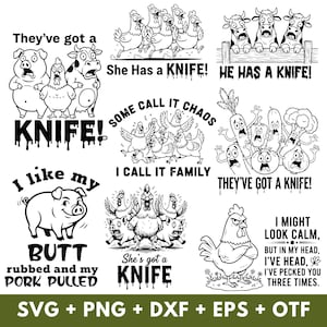 Puede incluir: Ilustraciones de dibujos animados en blanco y negro de animales de granja y verduras con texto humorístico. Las frases incluyen "They've got a KNIFE!", "She Has a KNIFE!", y "I like my BUTT rubbed and my PORK PULLED."