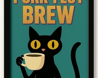 Purr-fect Brew | Black Cat Coffee Digital Wall Art Print