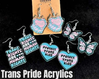 Trans Pride Acrylic Earrings • Hypoallergenic Stainless Steel Fish Hooks • Transgender Ally Jewelry • Gift Boxed 4 Styles Clip On Option