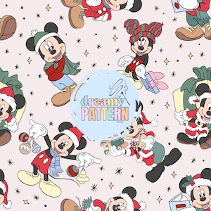 May include: A repeating pattern featuring Mickey Mouse in various Christmas outfits. Mickey is depicted in red, green, and blue attire, holding gifts, ornaments, and a toy train. The background is a light pink with scattered stars.