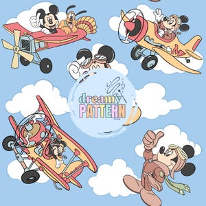 May include: A repeating pattern featuring Mickey Mouse and Pluto in vintage airplanes against a light blue sky with white clouds. The planes are red and yellow, with Mickey Mouse wearing a pilot's cap and scarf. The text "dreamy PATTERN" is in a circle.