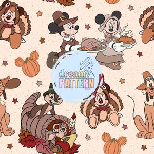 Pode incluir: Padrão temático de Ação de Graças com personagens de desenhos animados vestidos com trajes festivos. Mickey Mouse, Minnie Mouse e Pluto são retratados, juntamente com abóboras e estrelas. O fundo é de cor bege claro. O padrão inclui o texto "dreamy PATTERN STORE".
