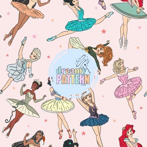 May include: A repeating pattern featuring illustrations of various cartoon ballerinas in colorful tutus and ballet shoes, set against a light pink background with small star accents. The text "dreamy PATTERN STORE" is in a blue circle.