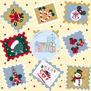 Pode incluir: Um padrão repetitivo de desenhos de selos postais com temas festivos. Os selos apresentam um boneco de neve, uma árvore de Natal, presentes e outros elementos festivos. O centro da imagem tem o texto "dreamy PATTERN STORE" em uma fonte colorida e caprichosa.