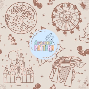 Op de afbeelding: Een naadloos patroon met bruine lijntekeningen van een reuzenrad met Mickey Mouse, een kasteel, een boom en andere thema-parkiconen op een beige achtergrond. Het patroon bevat de tekst "dreamy PATTERN STORE" in een cirkelvormig ontwerp.